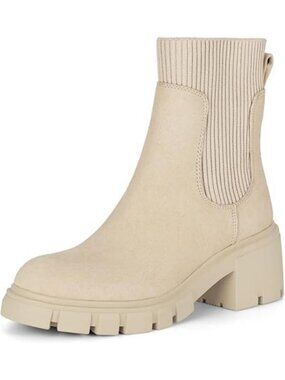 Women's Chelsea Boots Fashion Slip on Platform Ankle Boots Lug Sole Apricot